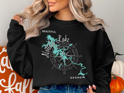 Black sweatshirt with "Natty Lake Georgia" and a compass rose design.