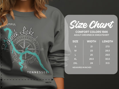Size chart for Comfort Colors 1566 adult crewneck sweatshirt in inches.