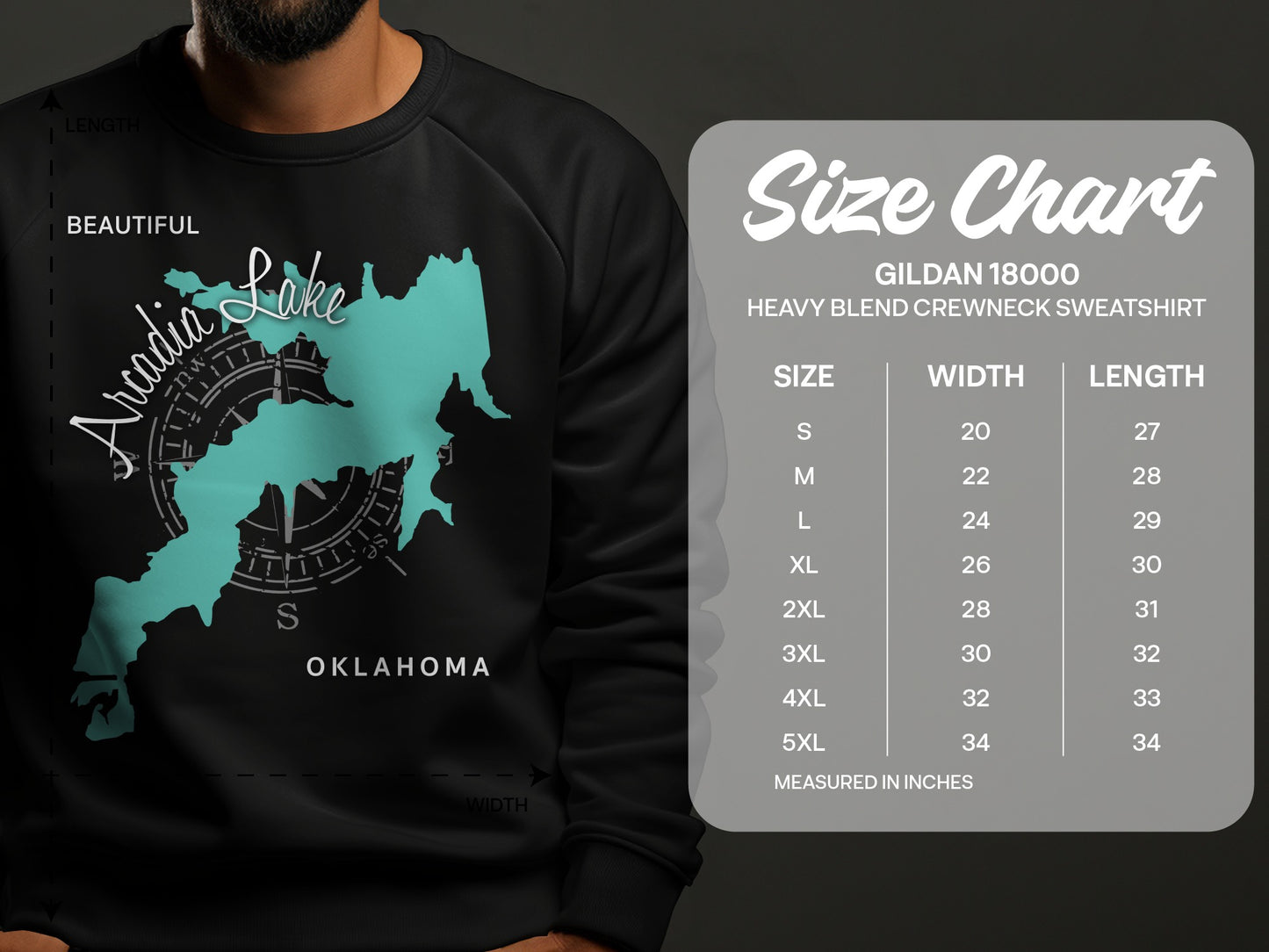 Arcadia Lake Oklahoma map graphic on a black crewneck sweatshirt size chart.