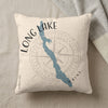 Cream pillow with blue Long Lake shape, compass rose, and "MAINE" text.