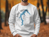 White sweatshirt with blue Lake Jacomo map and compass graphic.