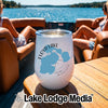 White stainless steel wine tumbler featuring a map of Floyd Lake, Minnesota on a boat table.