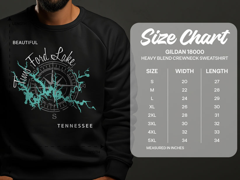 Crewneck sweatshirt with "Ford Lake Tennessee" map graphic, beside size chart.