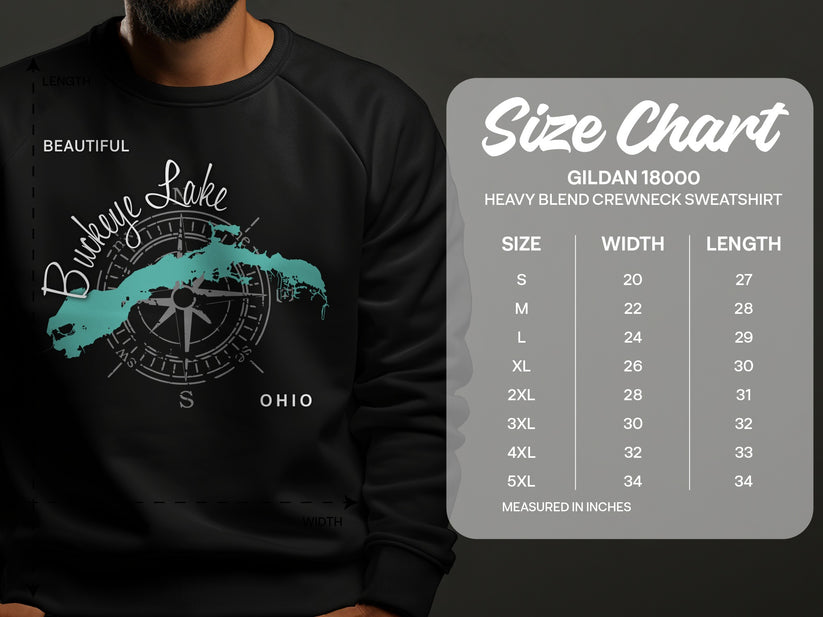 Buckeye Lake Ohio graphic on a black Gildan 18000 sweatshirt size chart.