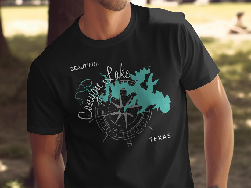 Black t-shirt featuring a map of Canyon Lake, Texas, with a compass rose.