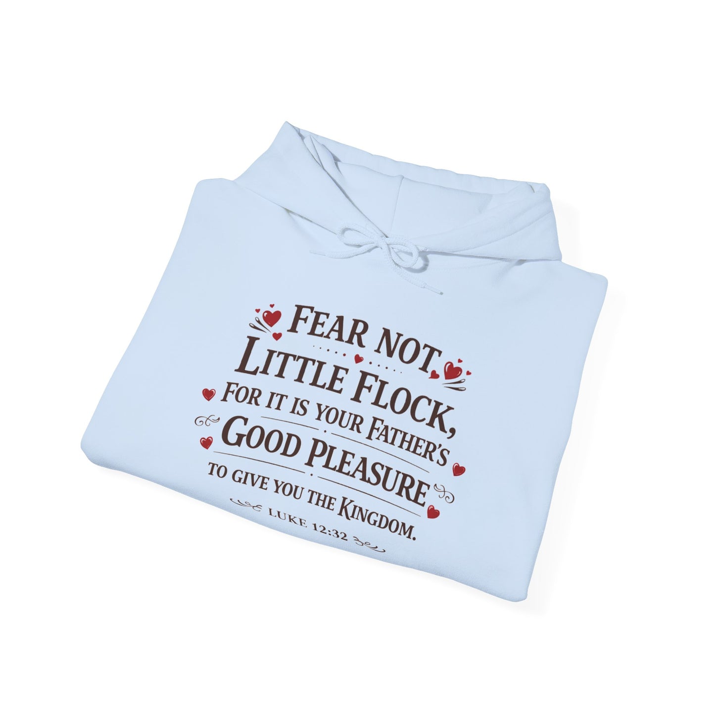 Fear Not Little Flock Hoodie with Printed Sleeves | Luke 12:32 Scripture Heart Design Bible Verse Gift | Share your faith