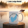 White mug with Rose Canyon Lake Arizona map and compass design.