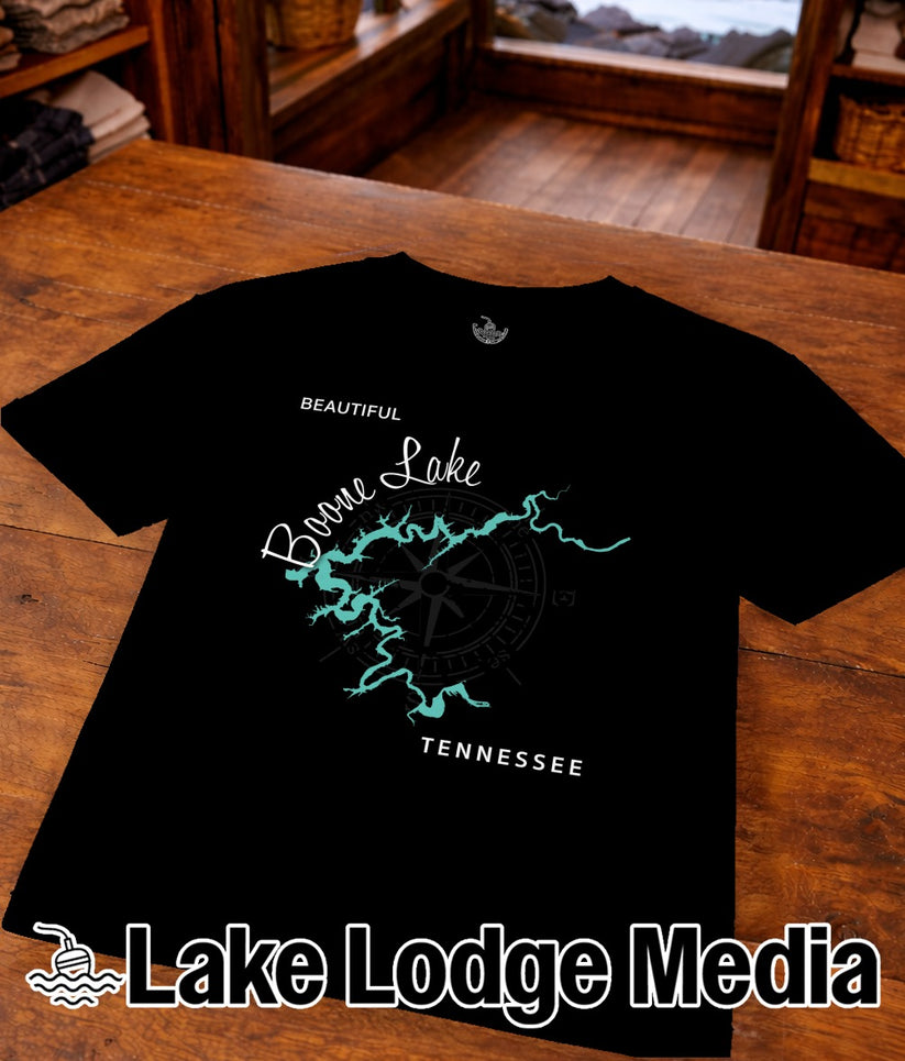 Black t-shirt with "Beautiful Boone Lake Tennessee" and compass rose graphic.
