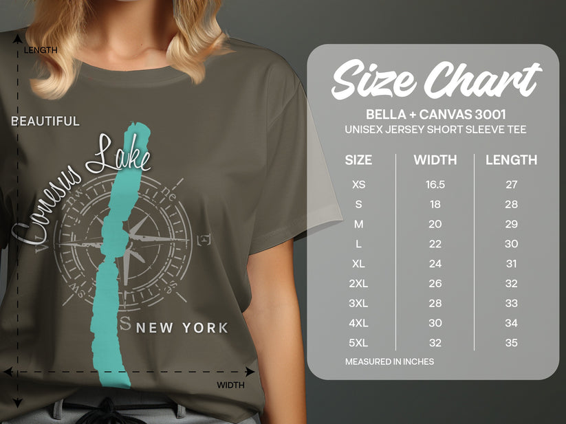 Size chart for a Bella + Canvas 3001 unisex t-shirt, with measurements in inches.