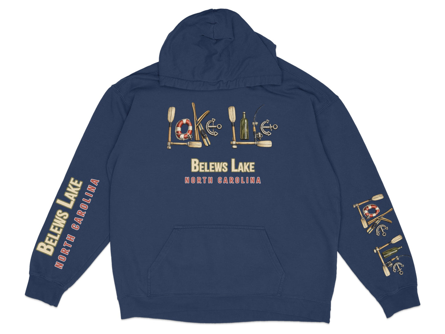 Navy hoodie with Bellows Lake North Carolina graphic and nautical icons on sleeves.