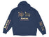 Navy hoodie with Bellows Lake North Carolina graphic and nautical icons on sleeves.