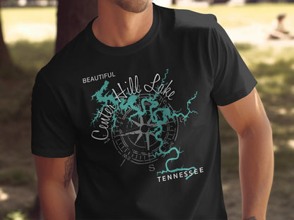Black t-shirt with "Center Hill Lake Tennessee" map and compass design.