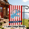 Garden flag with red and white stripes, a blue lake shape, and "The Smith Family".