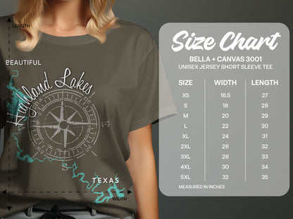 T-shirt size chart with garment dimensions and compass graphic.