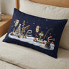 Fishing-themed Christmas pillow with bear, tree, and candy canes on navy background.