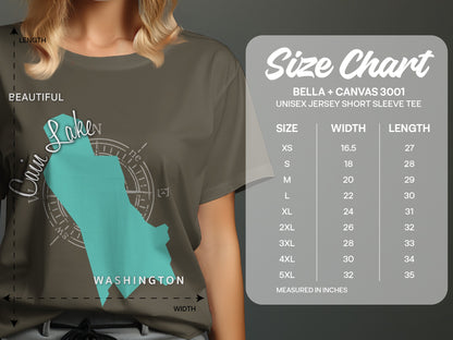 Size chart for Bella + Canvas 3001 unisex tee with Washington outline.