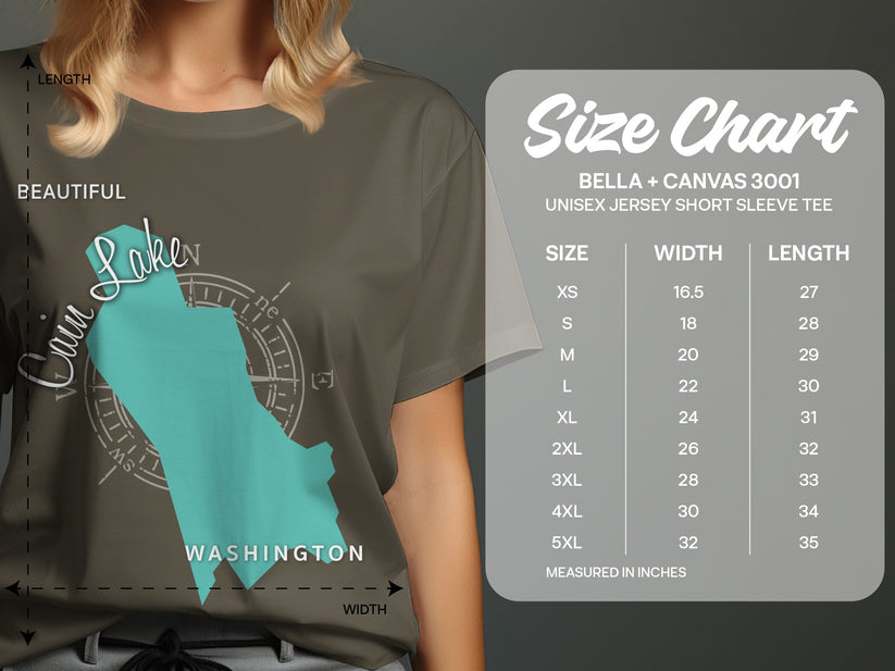 Size chart for Bella + Canvas 3001 unisex tee with Washington outline.