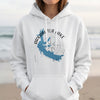 White hoodie with blue Arkabutla Lake, Mississippi map and compass graphic.