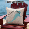 Pillow with "Lake Las Vegas Nevada" text and map on a red Adirondack chair.