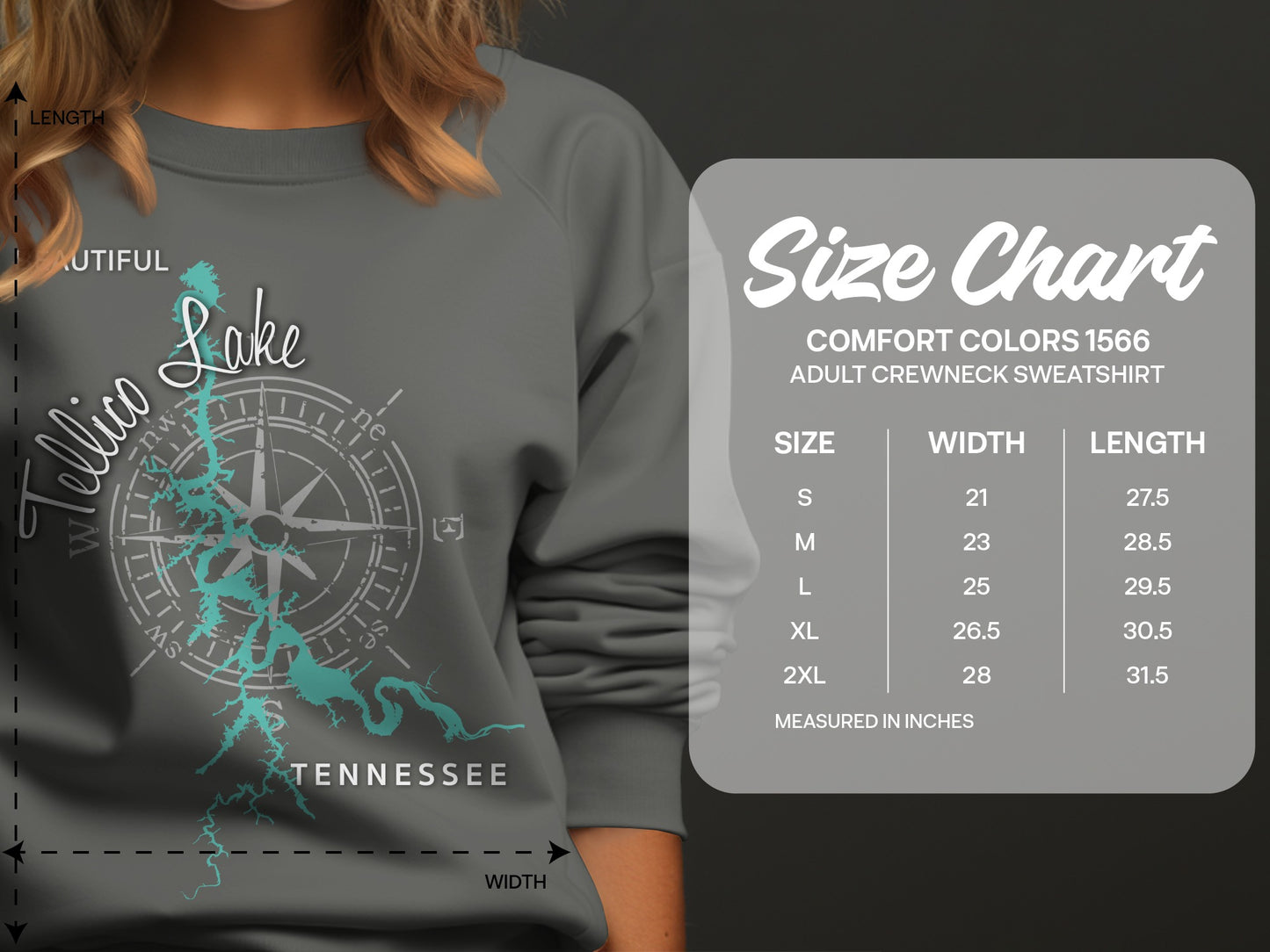 Crewneck sweatshirt size chart with Tellico Lake map graphic.
