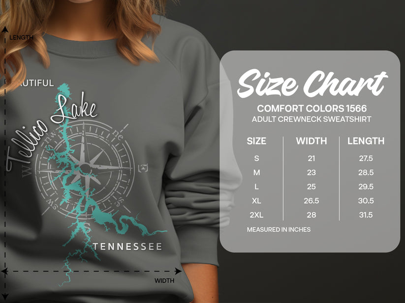 Crewneck sweatshirt size chart with Tellico Lake map graphic.