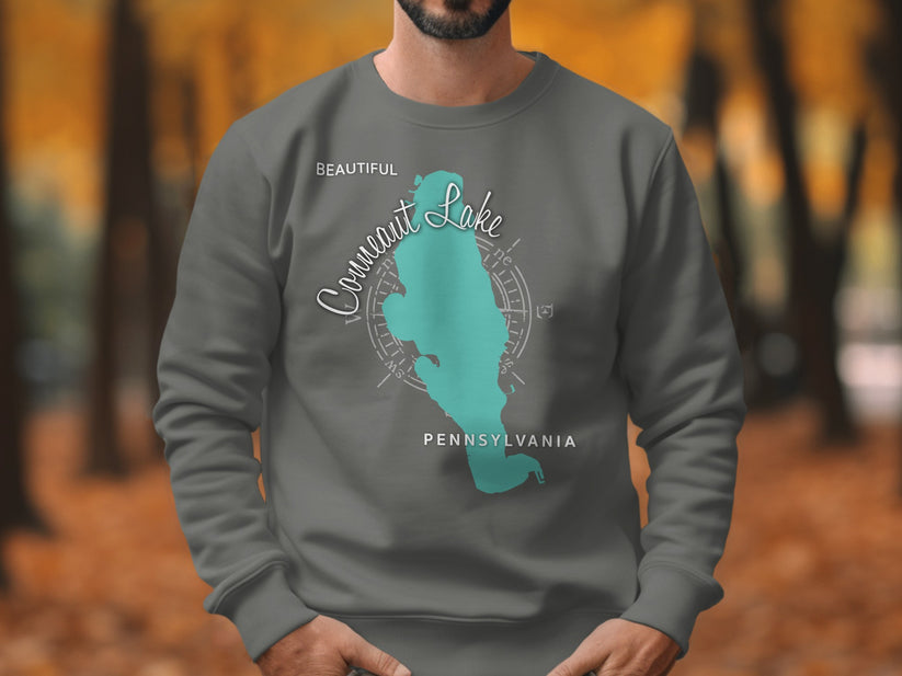 Dark gray sweatshirt with Conneaut Lake, Pennsylvania map design.