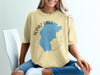 Yellow t-shirt with blue Topaz Lake California graphic and compass rose.