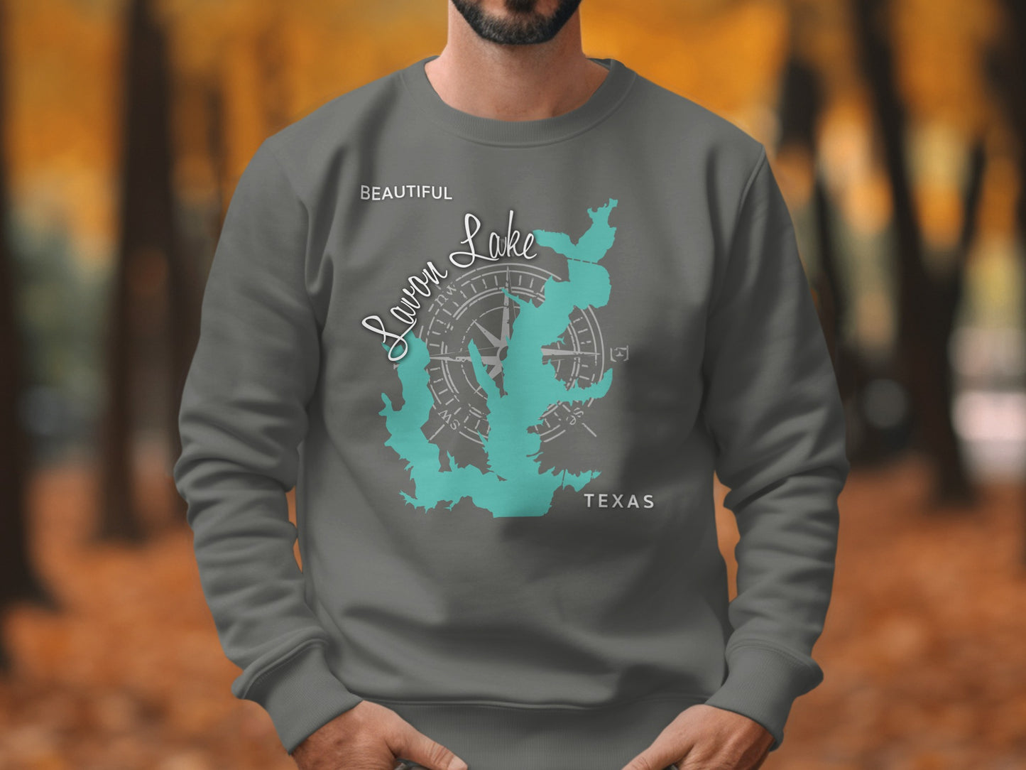 Grey sweatshirt with teal outline of Lake Lavon and compass rose.