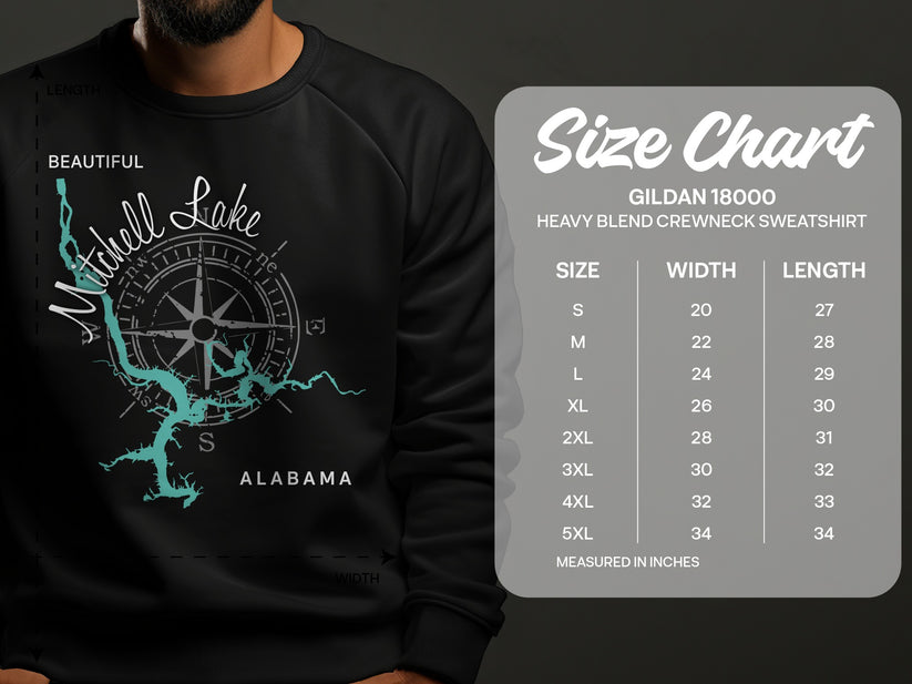 Mitchell Lake Alabama graphic on a Gildan 18000 sweatshirt size chart.
