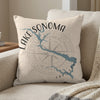 Pillow with Lake Sonoma California map and compass rose design.