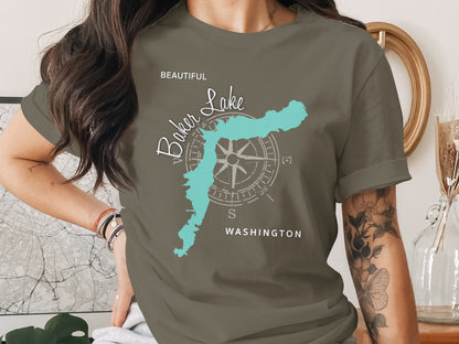 T-shirt featuring a turquoise map of Baker Lake, Washington, with compass rose.