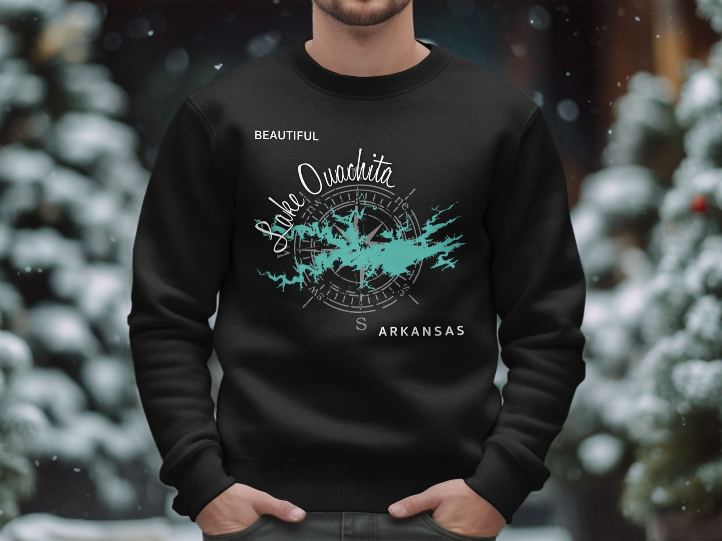 Black sweatshirt with Lake Ouachita map and compass design.