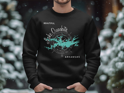 Black sweatshirt with Lake Ouachita map and compass design.