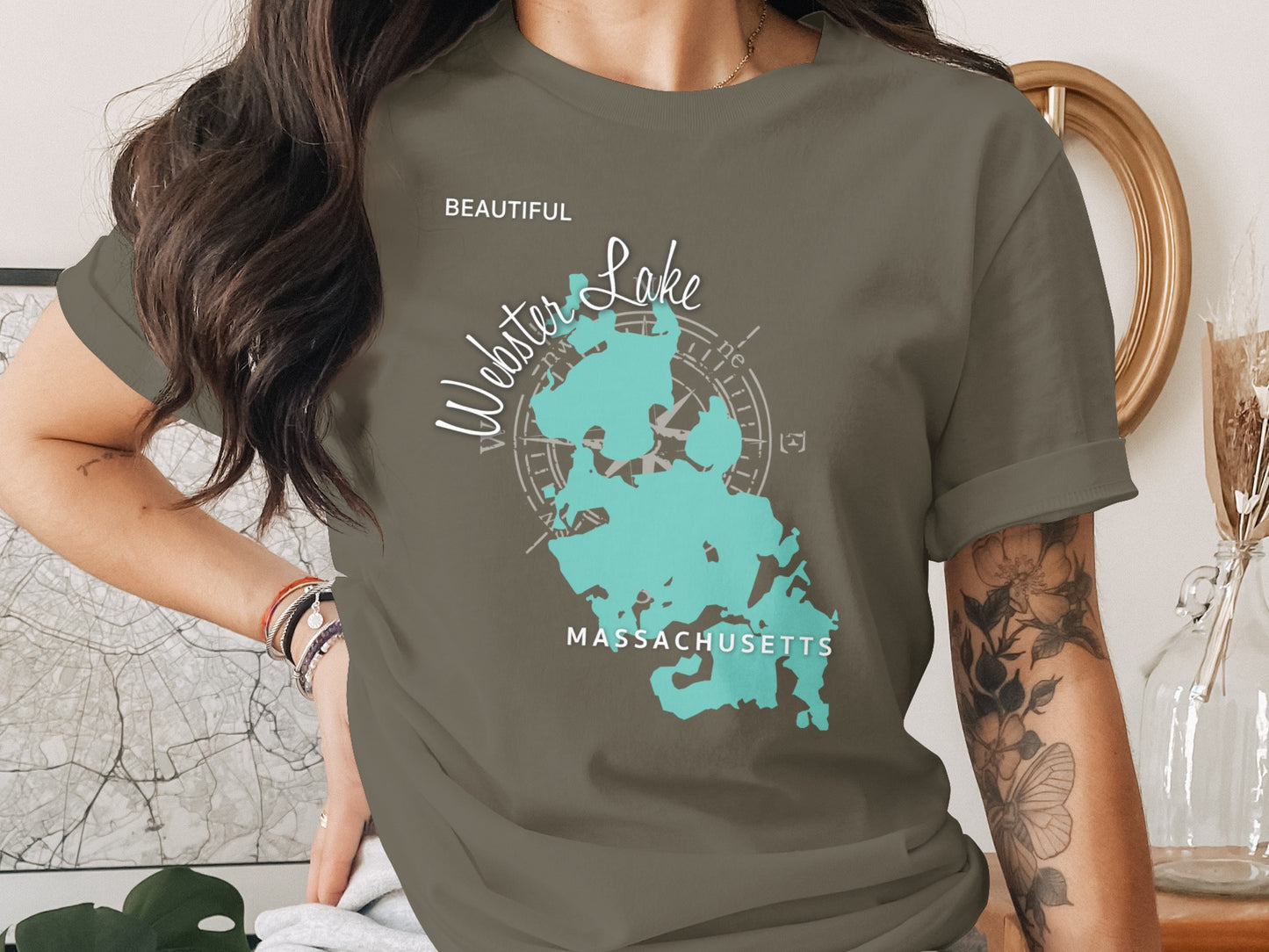 Green t-shirt with Webster Lake, Massachusetts map graphic.