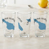 Three clear glasses with Catalina Island map and compass design.