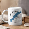 White mug with blue Lake Marble Falls Texas map and compass graphic.