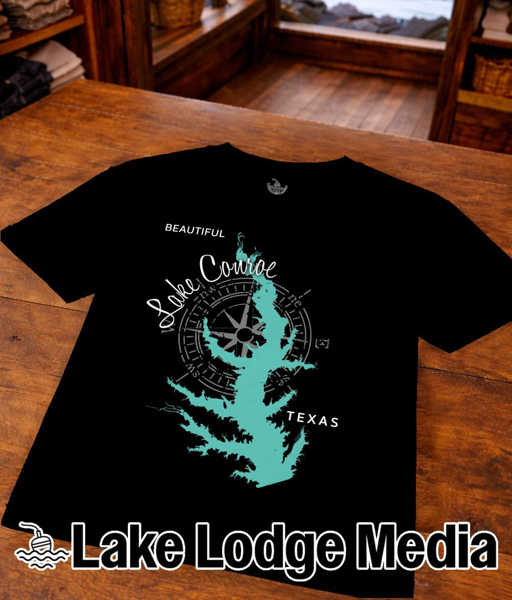 Black t-shirt with turquoise map of Lake Conroe, Texas, and compass graphic.
