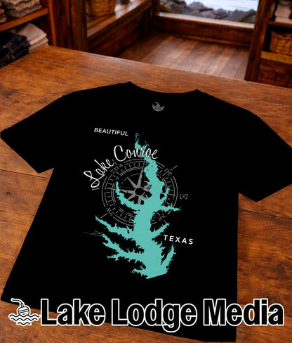 Black t-shirt with turquoise map of Lake Conroe, Texas, and compass graphic.