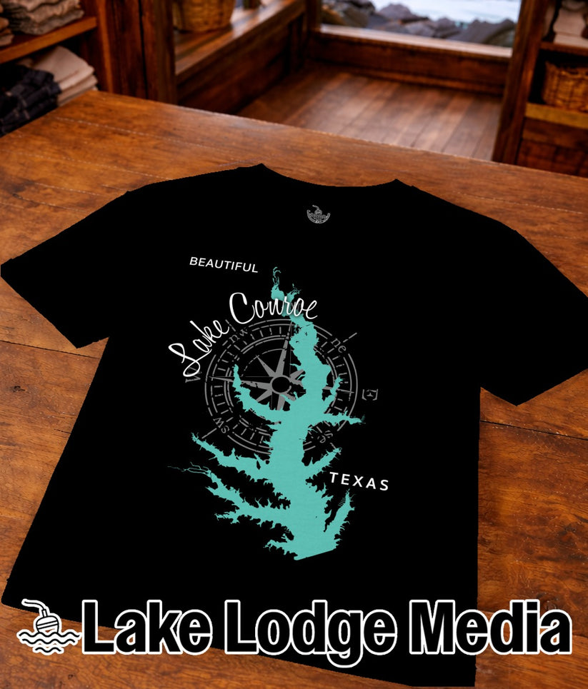 Black t-shirt with turquoise map of Lake Conroe, Texas, and compass graphic.