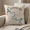 Lake Granbury Texas map on beige pillow with compass rose detail.