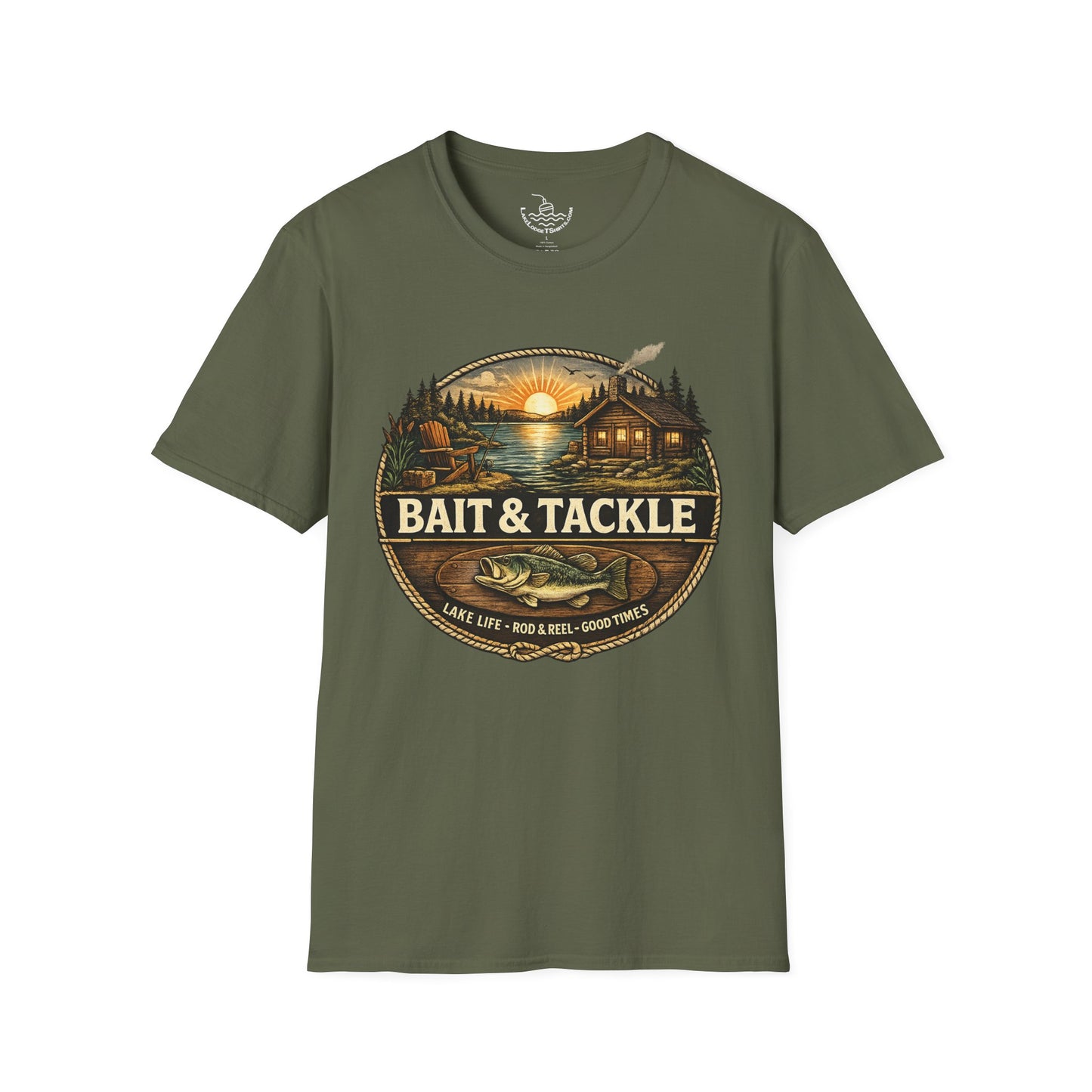 Bait & Tackle Fishing Lake Life T-Shirt | Rustic Lodge Cabin Mounted Bass Fishing Themed Bait Store Shirt