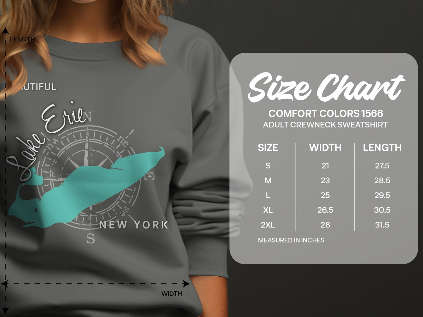 Gray sweatshirt with "Lake Erie New York" map and size chart.