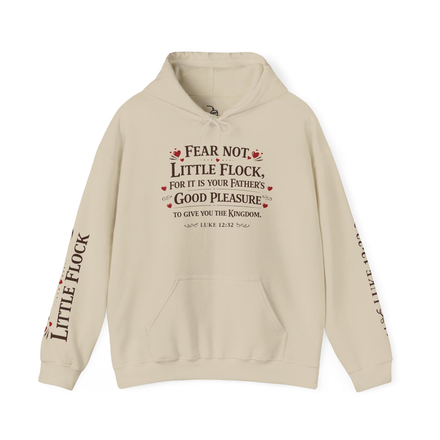 Fear Not Little Flock Hoodie with Printed Sleeves | Luke 12:32 Scripture Heart Design Bible Verse Gift | Share your faith