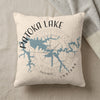 Patoka Lake Indiana map design on a cream textured pillow with a gray blanket.