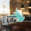 Rampart Life sticker on glass with lake outline and copyright text.