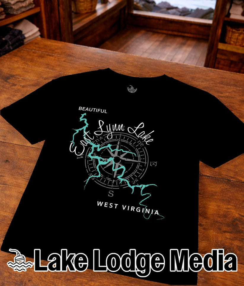 Black t-shirt with "Beautiful Lynn Lake West Virginia" and compass graphic.