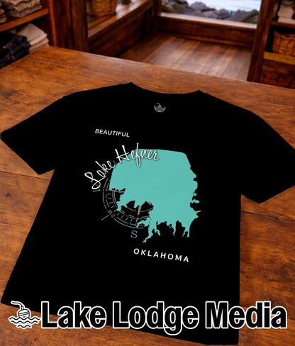 Black t-shirt featuring a turquoise outline of Lake Hefner and "Oklahoma" text.