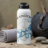 White water bottle with map and compass design, beside rolled towel and bag.