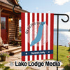 Redfish Lake Idaho garden flag with red and white stripes and family name.