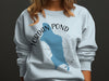 Light blue sweatshirt with Jordan Pond Maine map and compass graphic.